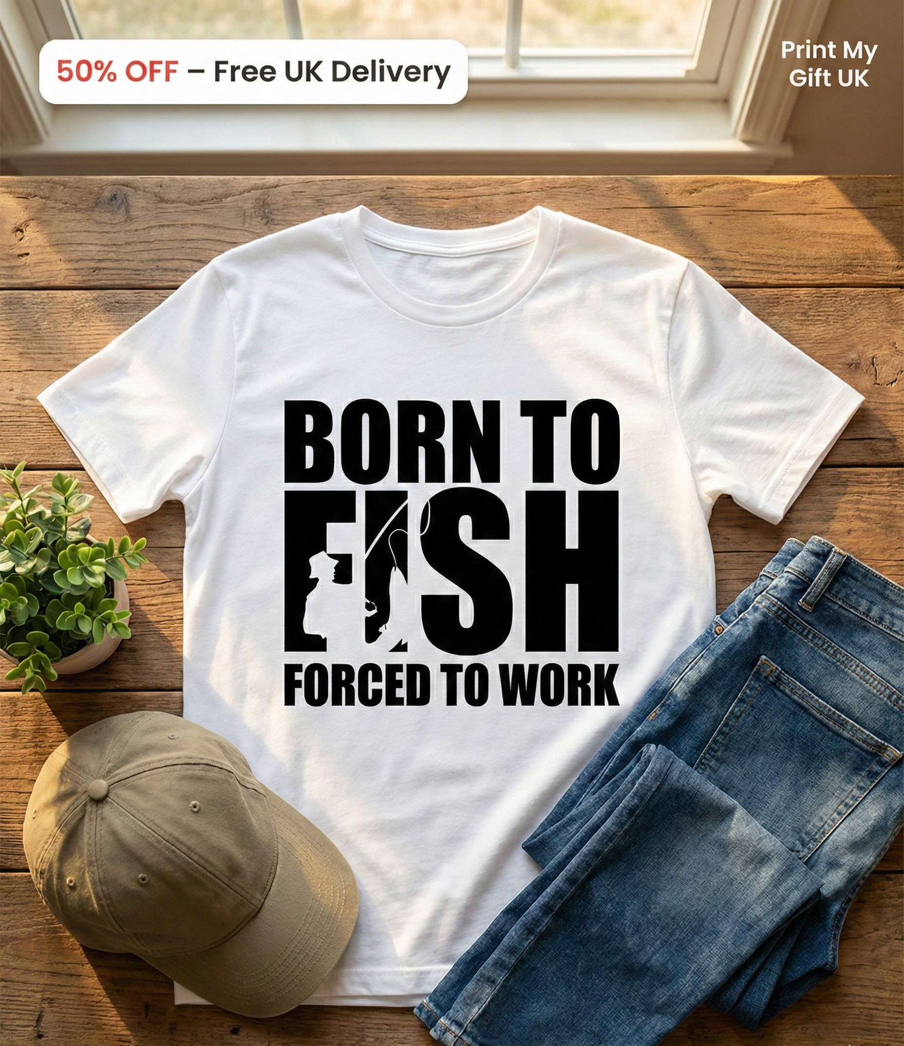 Born to Fish Forced to Work T-Shirt - Funny Fishing Gift - Gemini_Generated_Image_uahso9uahso9uahs